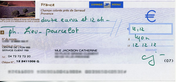 Le chèque de 12.12 € de Catherine Jackson