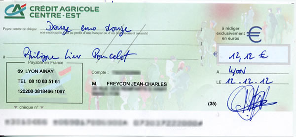 Le chèque de 12.12 € de Jean-Charles Freycon