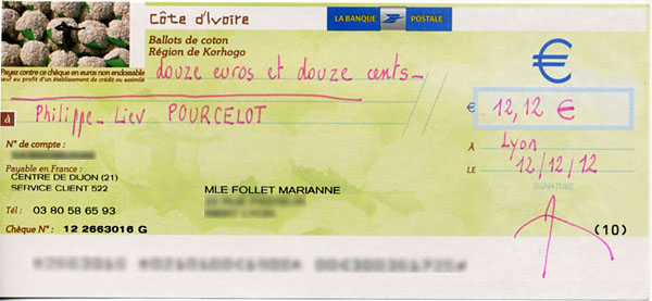 Le chèque de 12.12 € de Marianne Follet